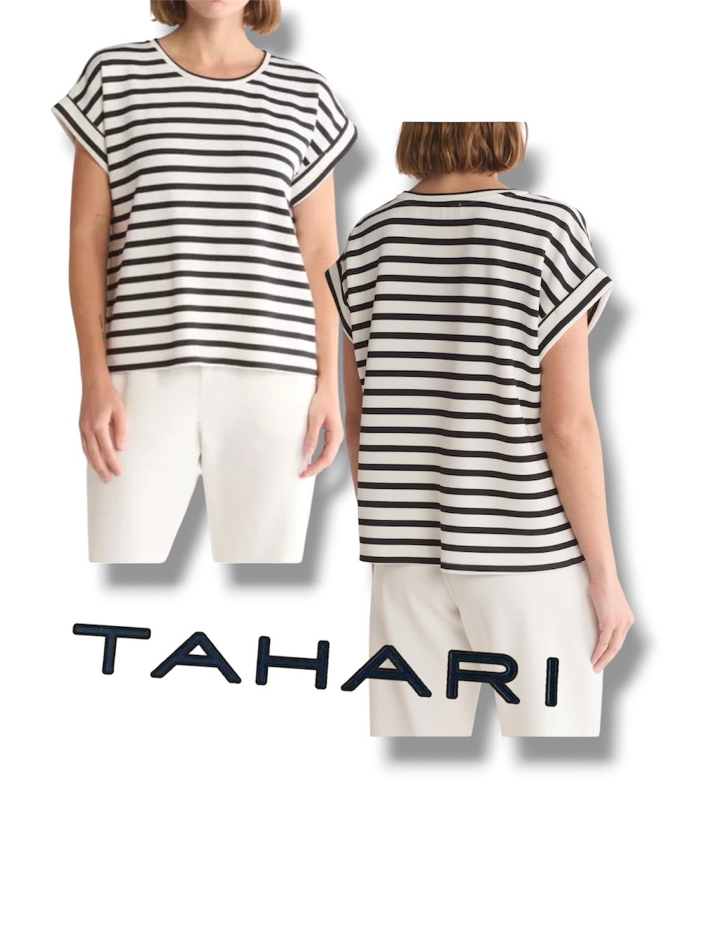 Roll Sleeve Scuba Top T Tahari Stripe Pullover Tee Womens Size Small